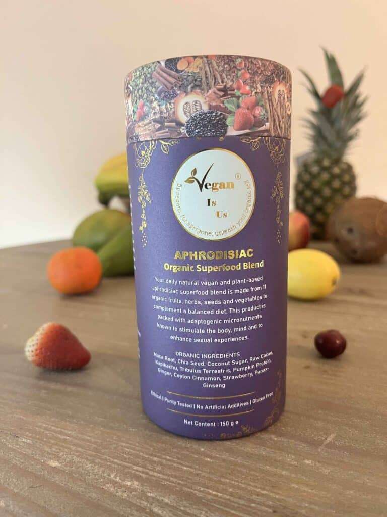 VeganIsUs Aphrodisiac Organic Superfood Blend with plant-based ingredients for boosting libido, energy, and vitality