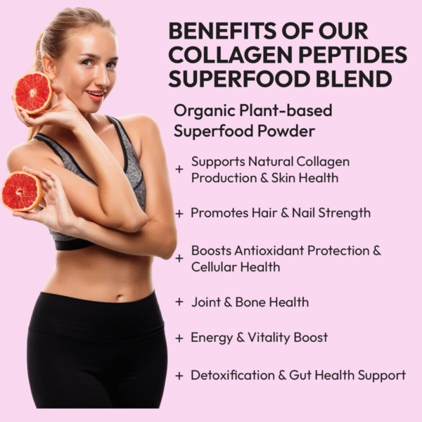 Image highlighting the key benefits of Collagen Peptides Organic Superfood Blend, showcasing its 11 organic ingredients and plant-based nutrition for a clean, wholesome addition to your daily routine.