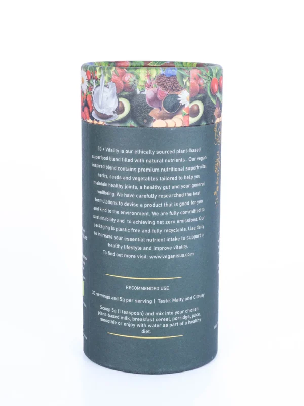 Side view of 50+ Vitality Organic Superfood Blend packaging, featuring clear instructions on how to use for optimal health benefits.