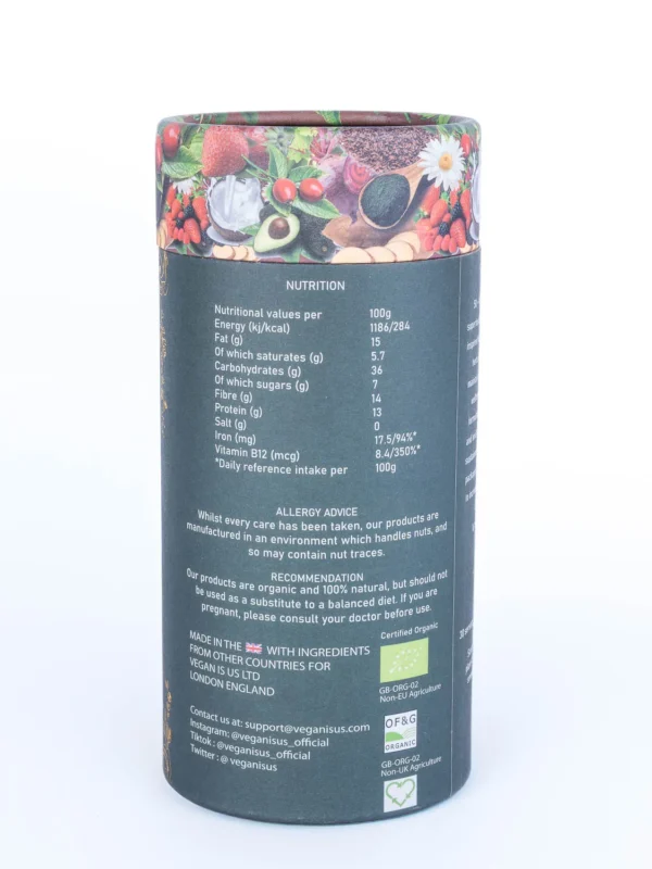 Back view of 50+ Vitality Organic Superfood Blend packaging, displaying detailed nutritional values and ingredient information, highlighting its plant-based, vegan-friendly formula