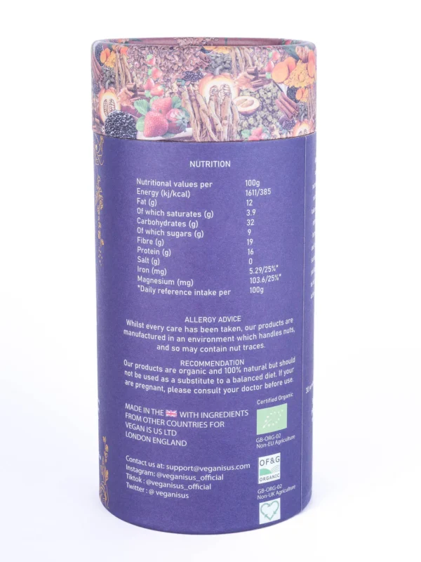 Back view of Aphrodisiac Organic Superfood Blend packaging, displaying detailed nutritional values and ingredient information, highlighting its plant-based, vegan-friendly formula.