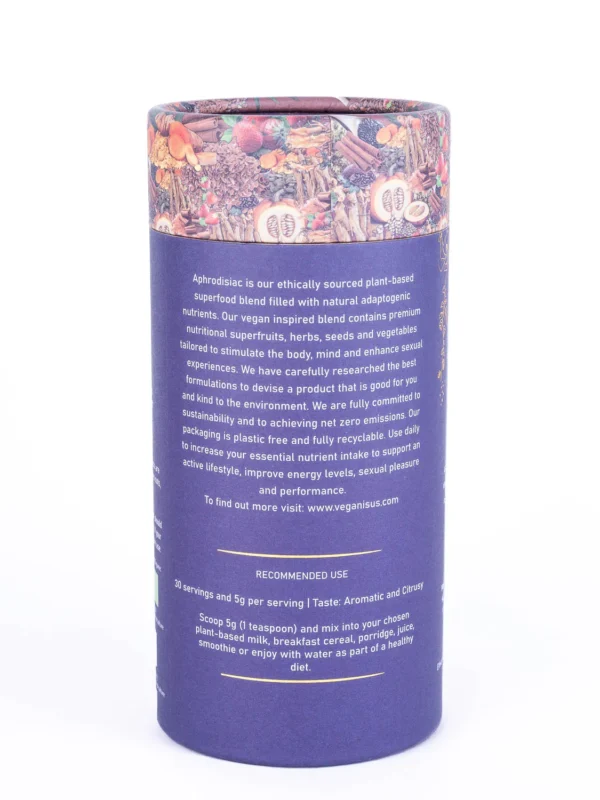 Side view of Aphrodisiac Organic Superfood Blend packaging, featuring clear instructions on how to use for optimal health benefits.