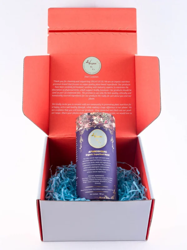 Aphrodisiac Organic Superfood Blend packaging displayed in a box, showcasing its plant-based, vegan-friendly formula designed to enhance vitality and support overall wellness.