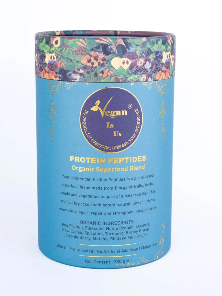 Protein Peptides Organic Superfood Blend – A plant-based protein powerhouse packed with essential amino acids for muscle recovery, strength, and overall wellness. 100% organic and vegan-friendly. Shop now at Vegan Is Us!