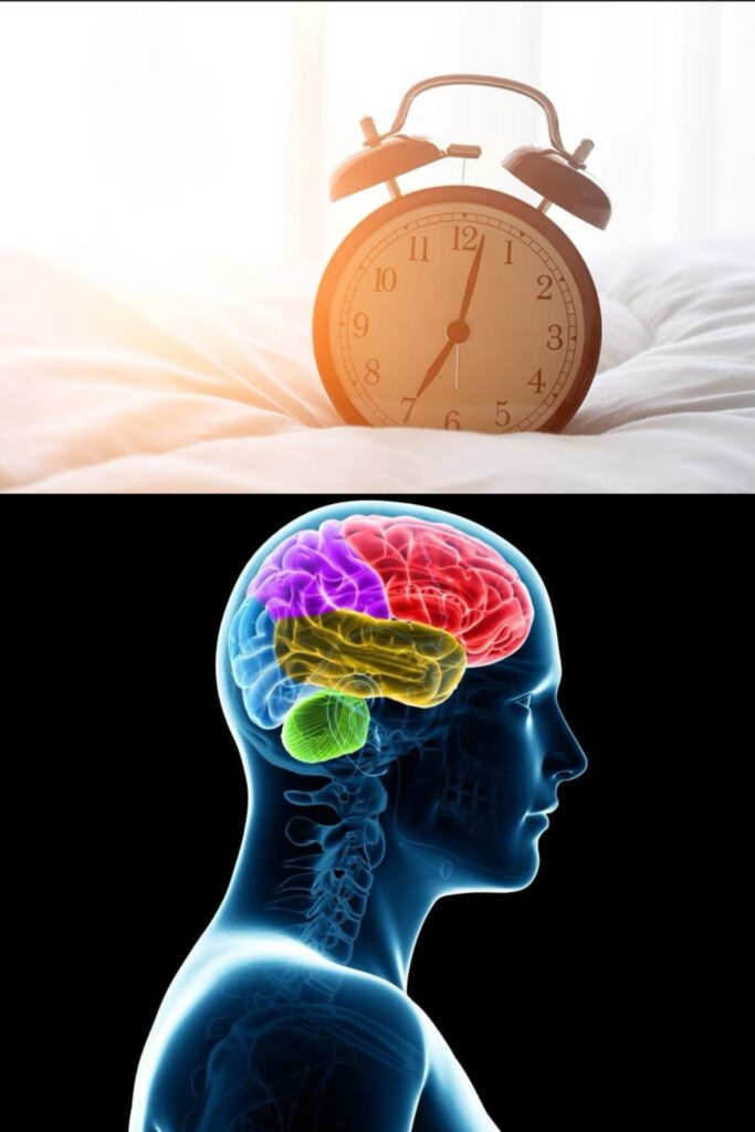 Illustration of a stressed individual with fragmented brain imagery and clock, symbolising the effects of insomnia and brain rot on mental health.