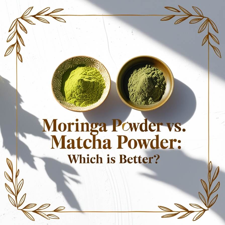 Moringa powder and matcha powder side by side for comparison of health benefits