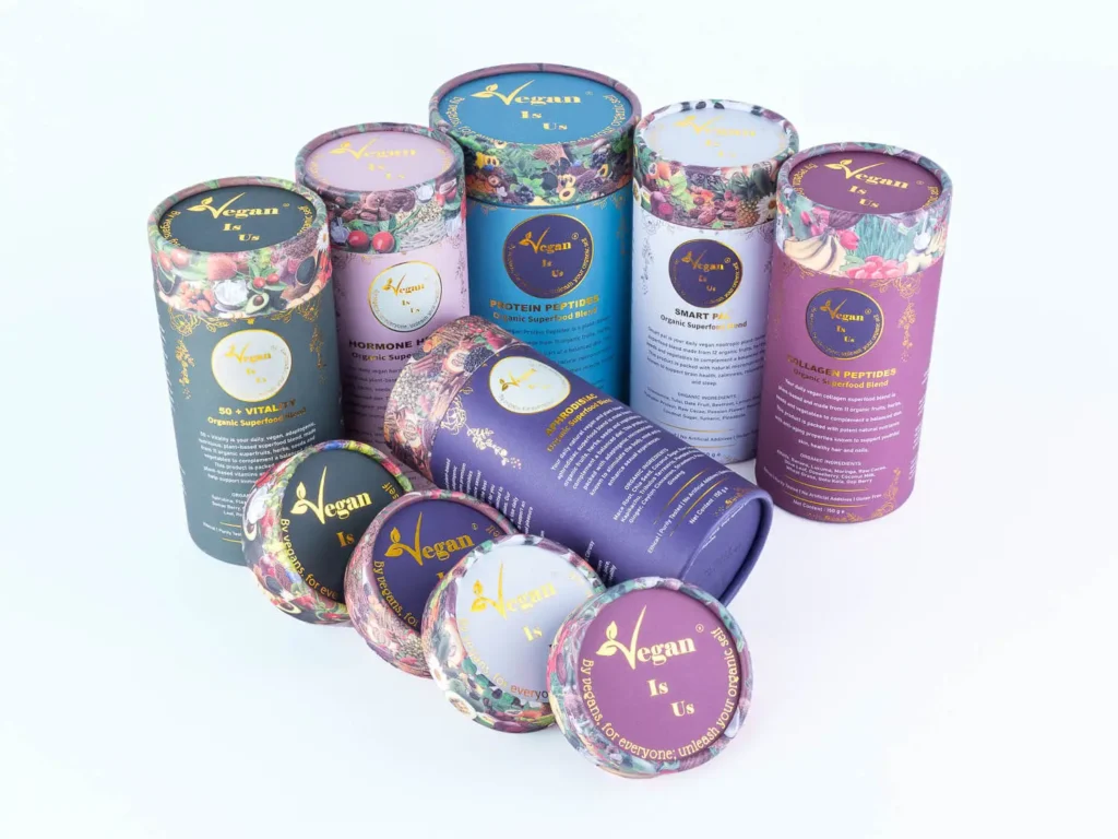 Veganisus superfood packaging featuring vibrant powders like chia seeds, goji berries, spirulina, and cacao for health and energy.